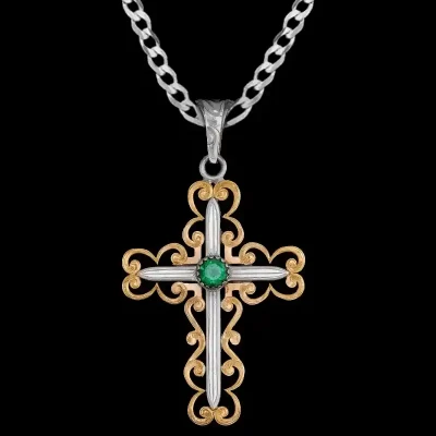 A custom silver cross pendant necklace for men and women, western-inspired design. featuring bronze filigrane and green zirconia stone